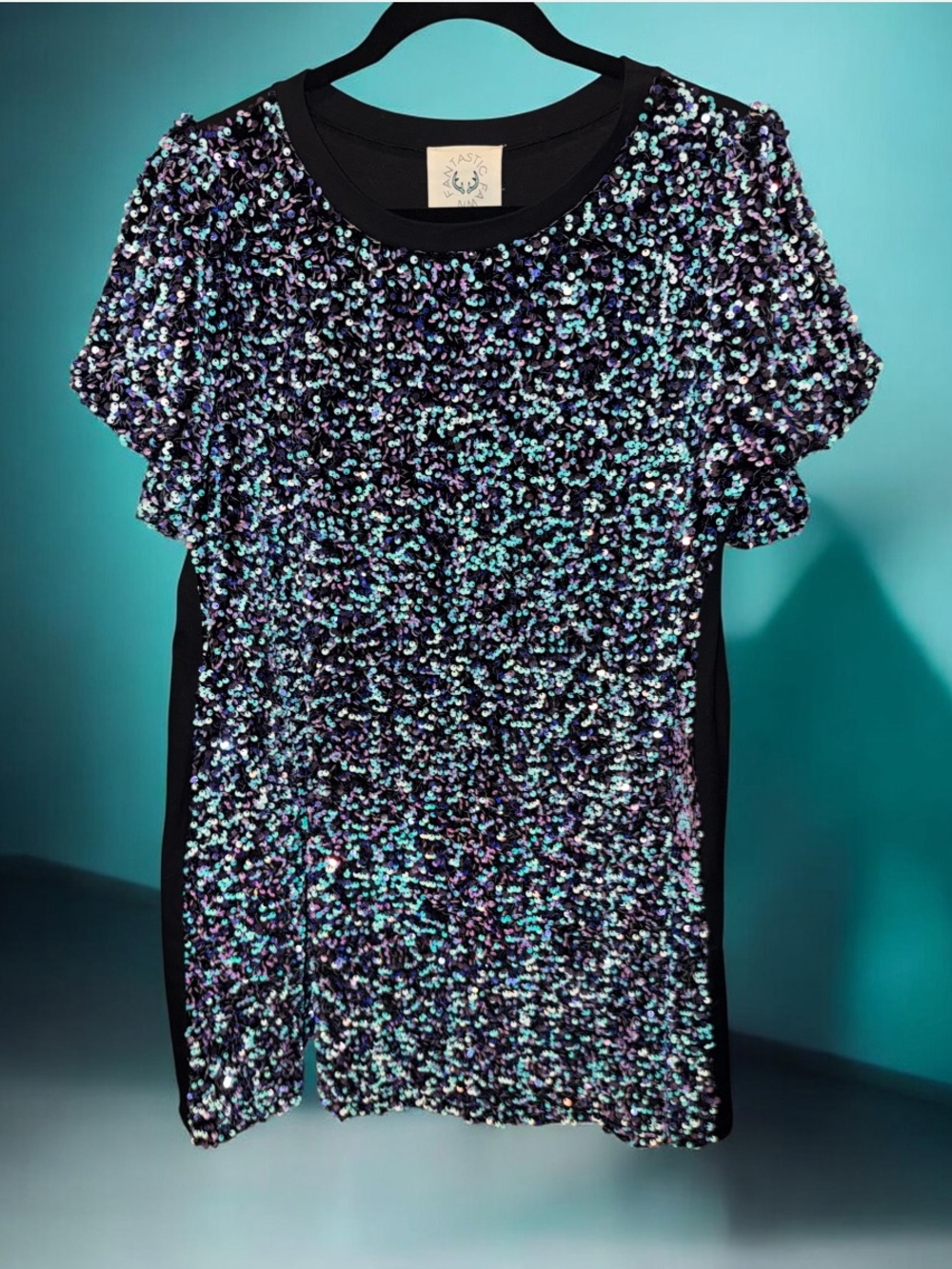 Sequin Short Sleeve double lined Dress- Black with Iridescent Sequins